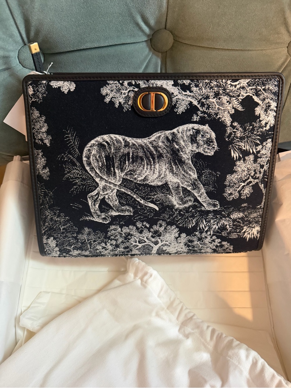 Dior Navy and White Tiger Toile Clutch with Gold CD Logo